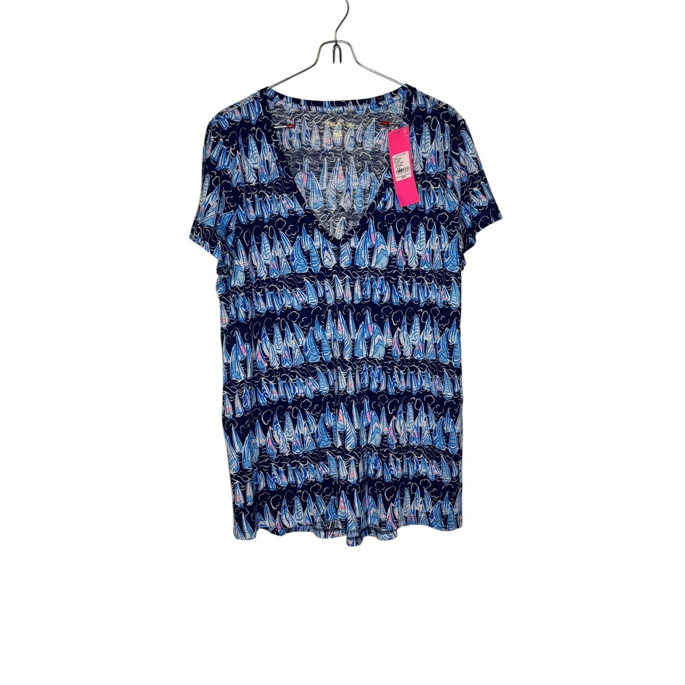 Lilly Pulitzer Women's Top Etta V-Neck Low Tide Navy Sails and Stripes Large NWT